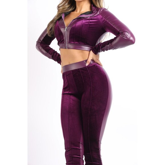 Women's Matte PU Velvet Contrast Collared Zip UP Top and Matching Pants 2 Piece - Picture 10 of 10